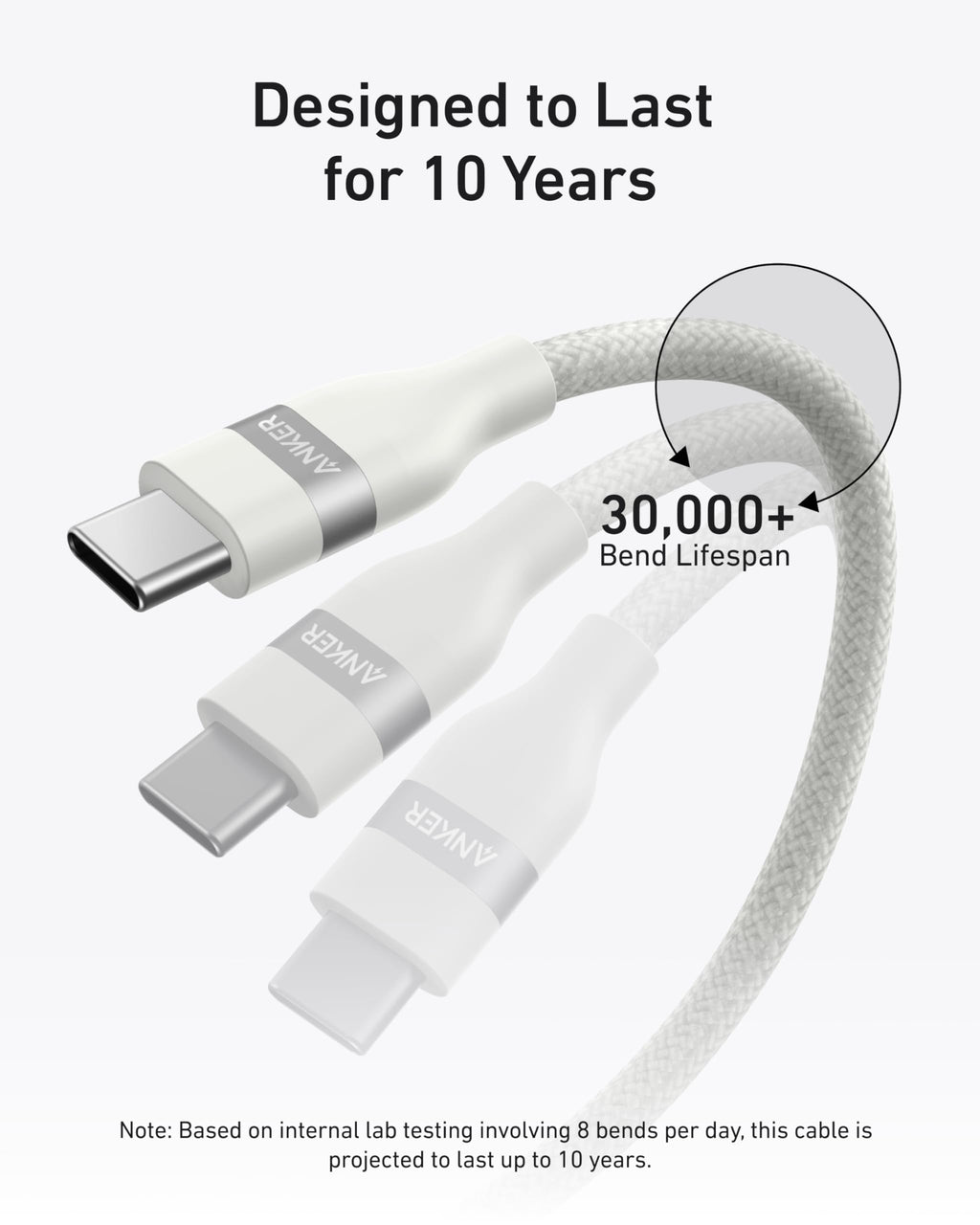 Anker charging cable with 30000 plus bend lifespan for durability