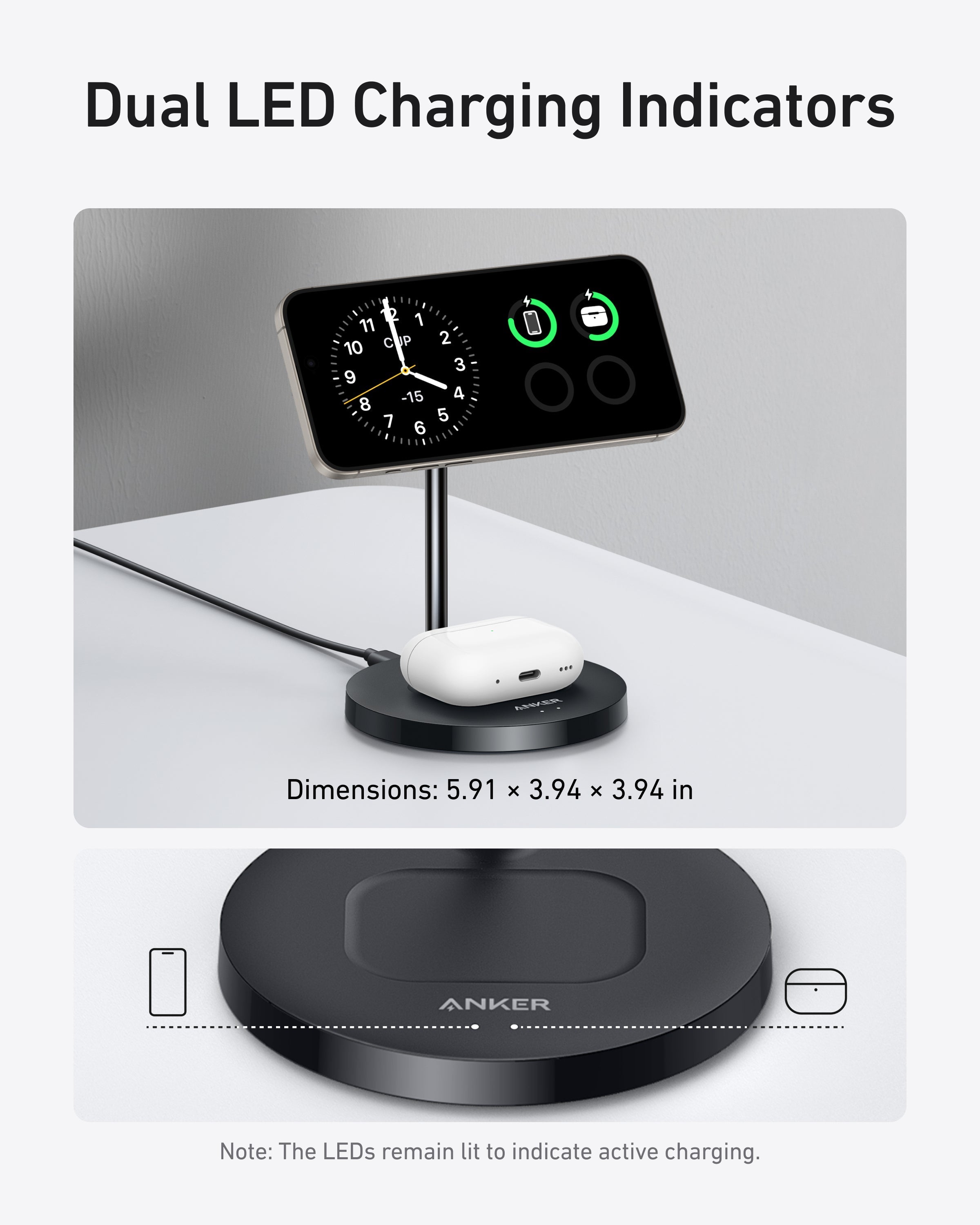 Anker stand charging iPhone and AirPods with LED indicators