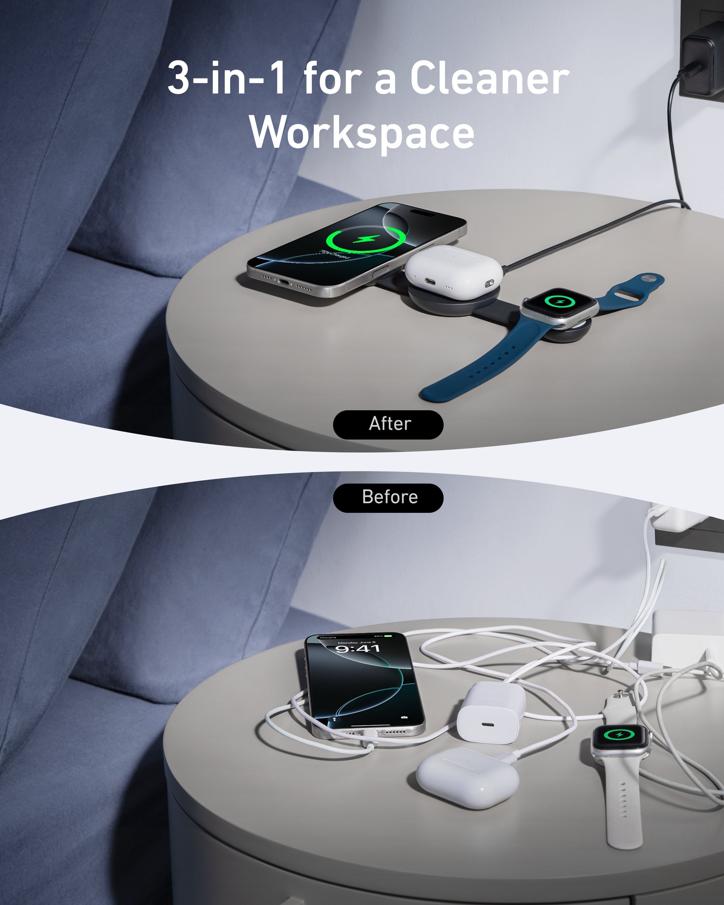 Anker charging station for cleaner workspace with iPhone, AirPods, Apple Watch